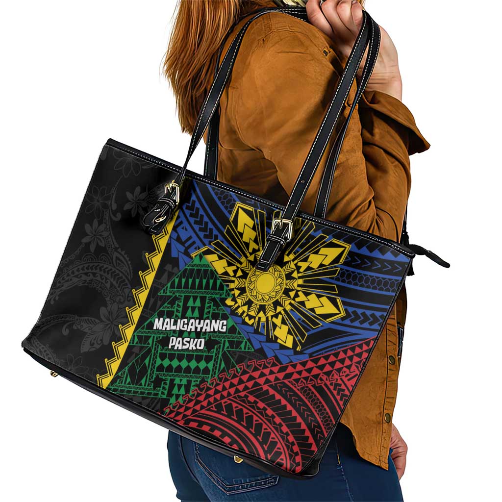 Philippines Christmas Leather Tote Bag Xmas Tree Filipino Tribal Patterns - Polynesian Pride