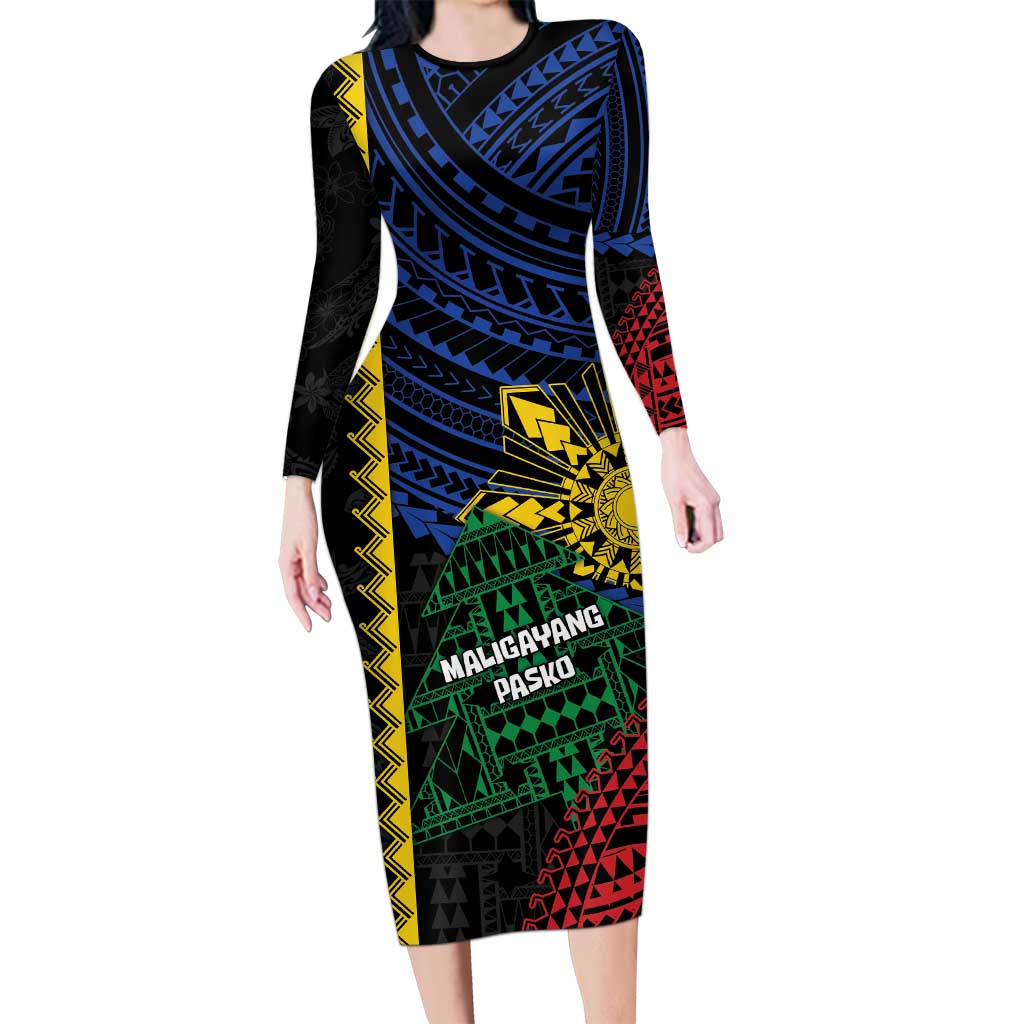 Personalised Philippines Christmas Long Sleeve Bodycon Dress Xmas Tree Filipino Tribal Patterns DT05 Long Dress Black - Polynesian Pride