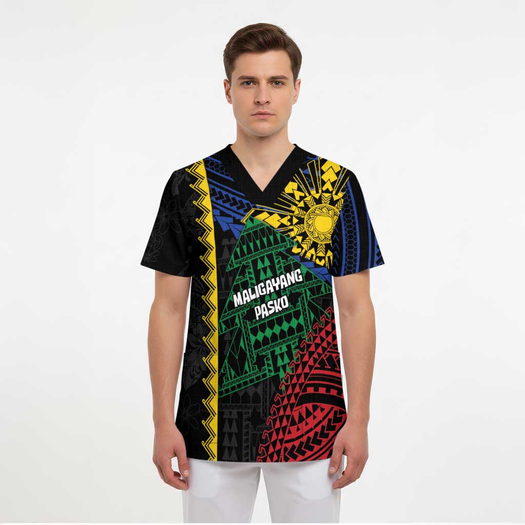 Personalised Philippines Christmas Scrub Top Xmas Tree Filipino Tribal Patterns - Polynesian Pride