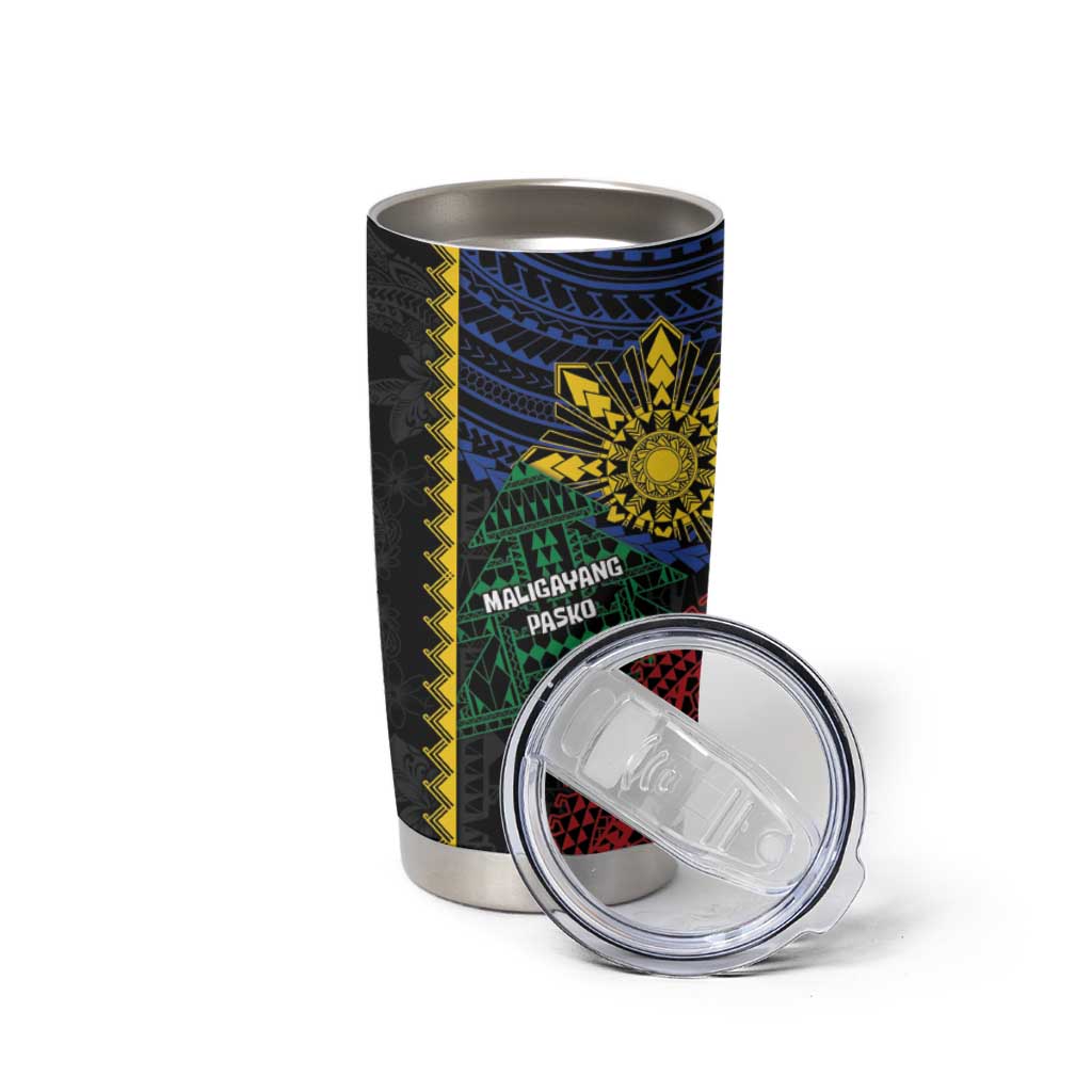 Personalised Philippines Christmas Tumbler Cup Xmas Tree Filipino Tribal Patterns - Polynesian Pride