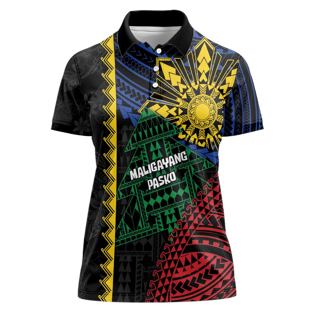 Personalised Philippines Christmas Women Polo Shirt Xmas Tree Filipino Tribal Patterns - Polynesian Pride