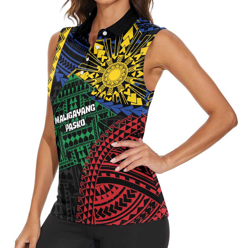 Personalised Philippines Christmas Women Sleeveless Polo Shirt Xmas Tree Filipino Tribal Patterns - Polynesian Pride