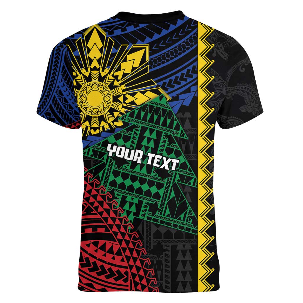 Personalised Philippines Christmas Women V-Neck T-Shirt Xmas Tree Filipino Tribal Patterns - Polynesian Pride