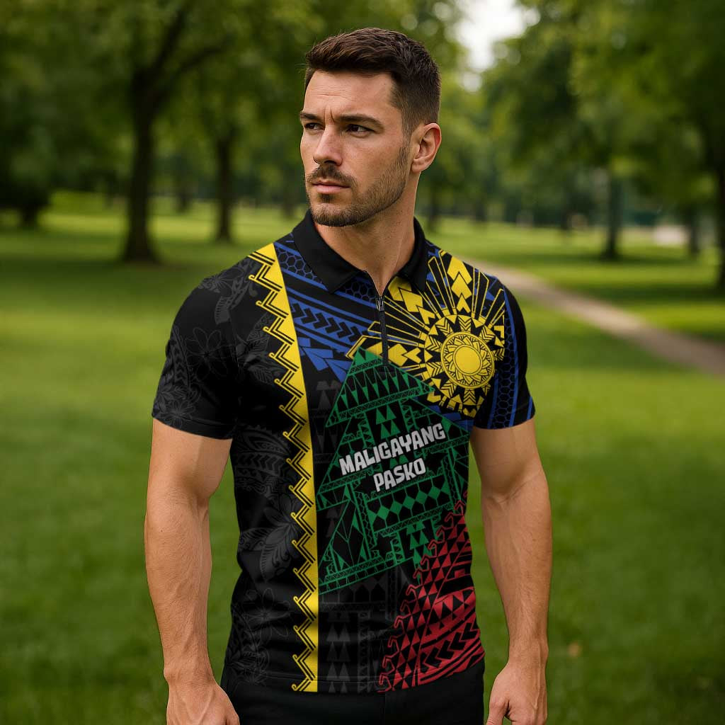 Personalised Philippines Christmas Zipper Polo Shirt Xmas Tree Filipino Tribal Patterns DT05 - Polynesian Pride