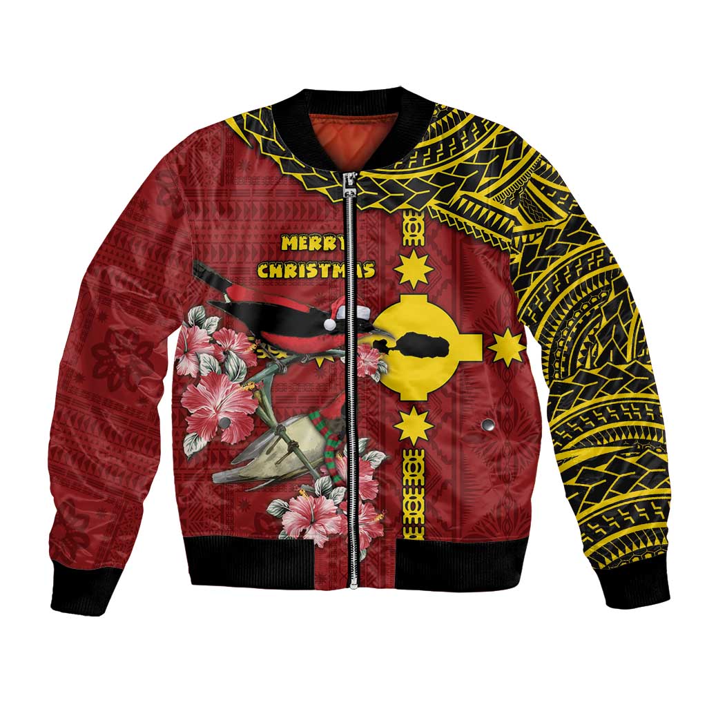 Rotuma Christmas Bomber Jacket Rotuma Myzomela Birds With Hibiscus Flowers - Polynesian Pride