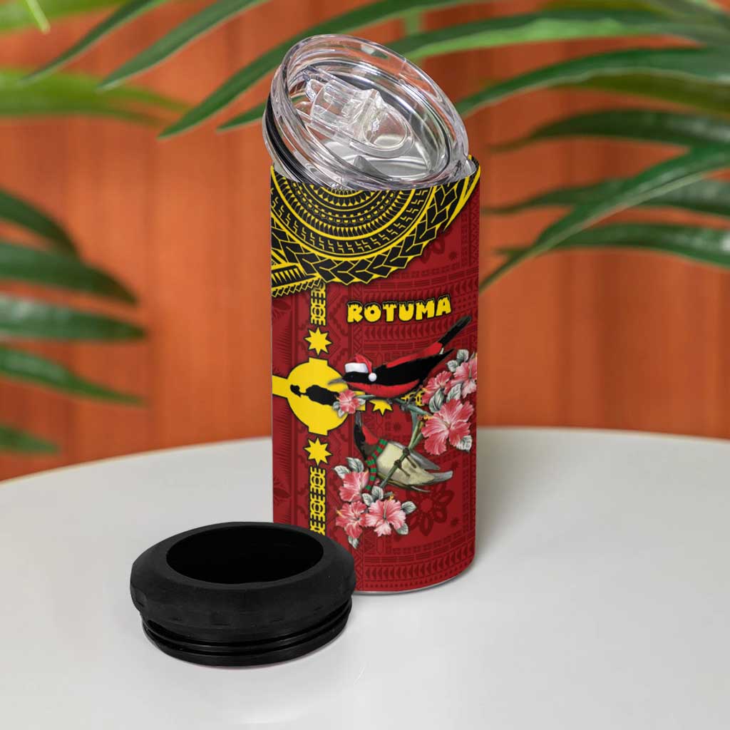 Rotuma Christmas 4 in 1 Can Cooler Tumbler Rotuma Myzomela Birds With Hibiscus Flowers - Polynesian Pride