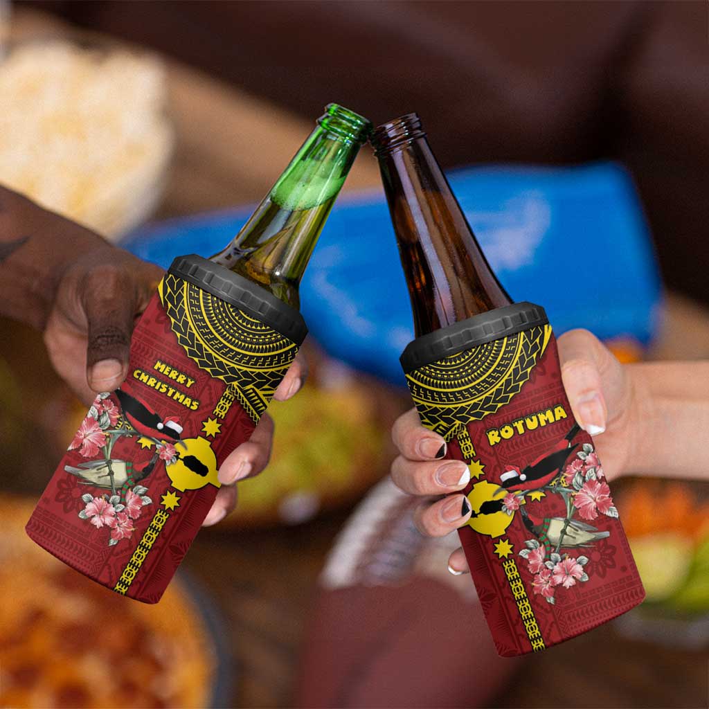 Rotuma Christmas 4 in 1 Can Cooler Tumbler Rotuma Myzomela Birds With Hibiscus Flowers - Polynesian Pride