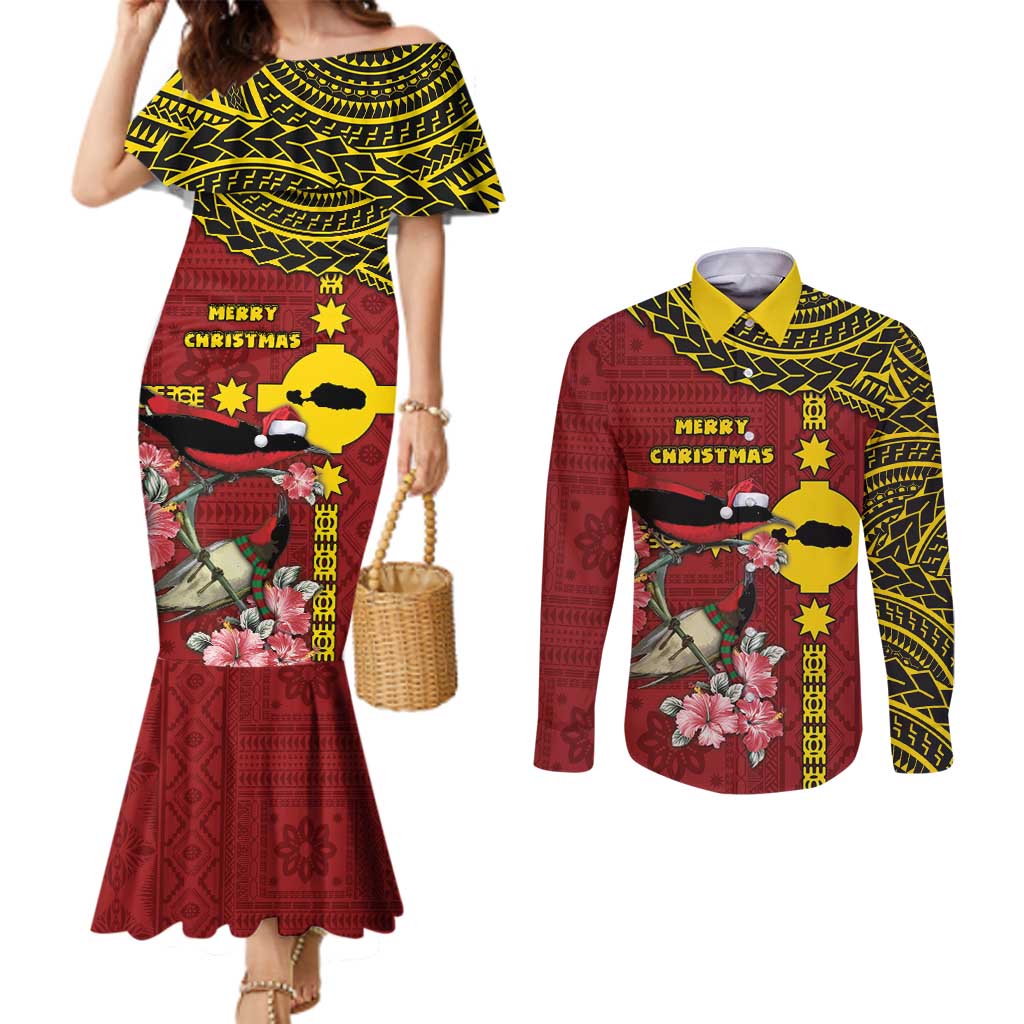 Rotuma Christmas Couples Matching Mermaid Dress and Long Sleeve Button Shirt Rotuma Myzomela Birds With Hibiscus Flowers DT05 Red - Polynesian Pride