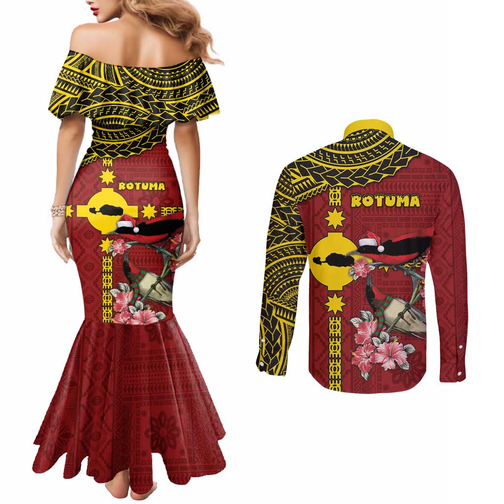 Rotuma Christmas Couples Matching Mermaid Dress and Long Sleeve Button Shirt Rotuma Myzomela Birds With Hibiscus Flowers DT05 - Polynesian Pride