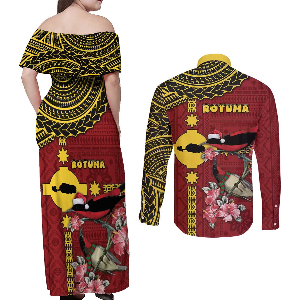 Rotuma Christmas Couples Matching Off Shoulder Maxi Dress and Long Sleeve Button Shirt Rotuma Myzomela Birds With Hibiscus Flowers - Polynesian Pride