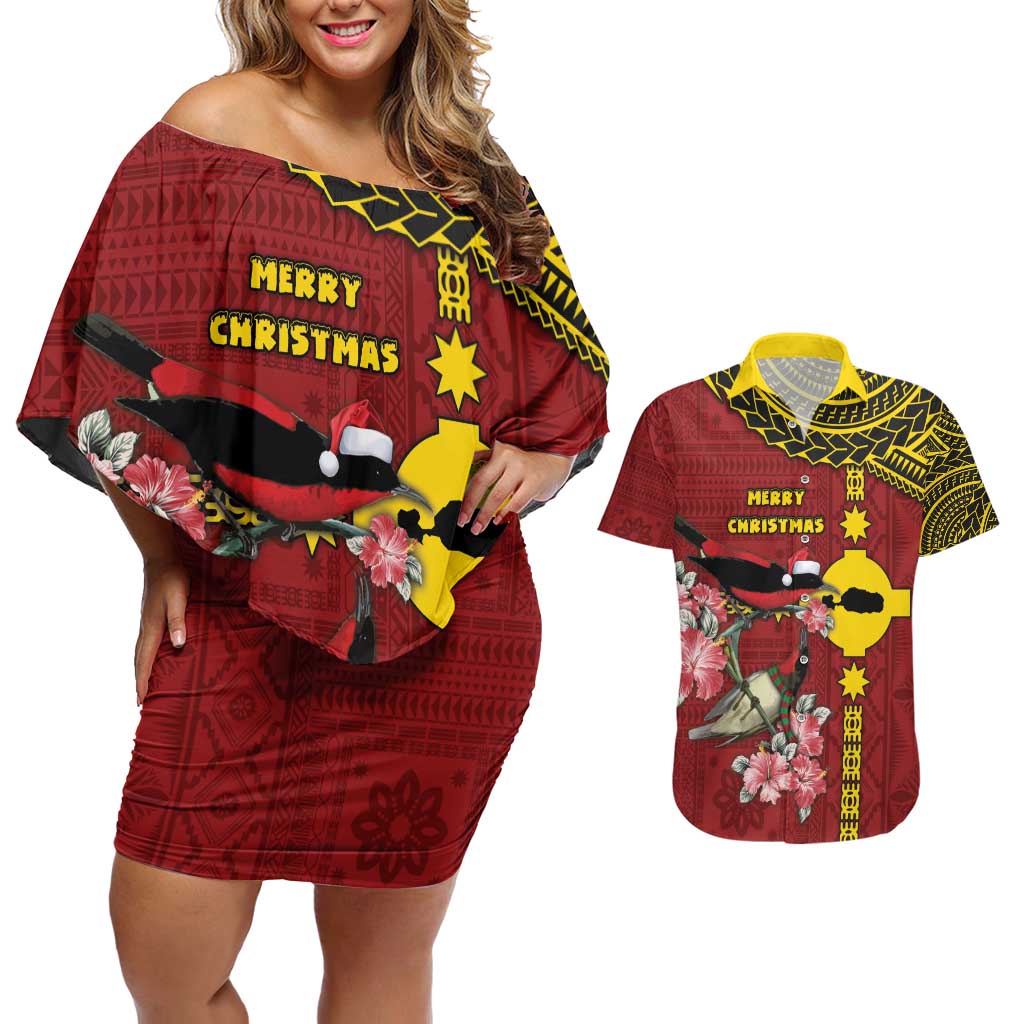 Rotuma Christmas Couples Matching Off Shoulder Short Dress and Hawaiian Shirt Rotuma Myzomela Birds With Hibiscus Flowers - Polynesian Pride
