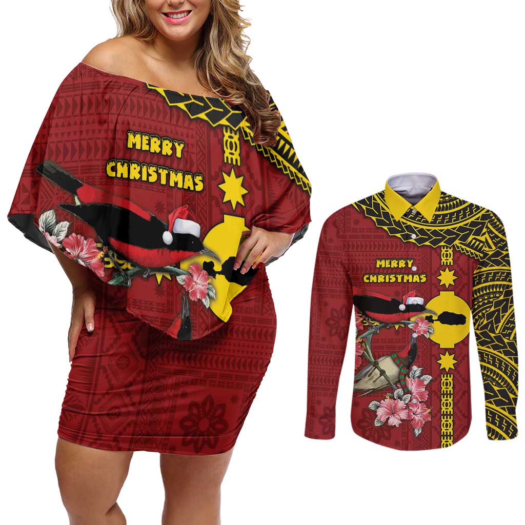 Rotuma Christmas Couples Matching Off Shoulder Short Dress and Long Sleeve Button Shirt Rotuma Myzomela Birds With Hibiscus Flowers - Polynesian Pride