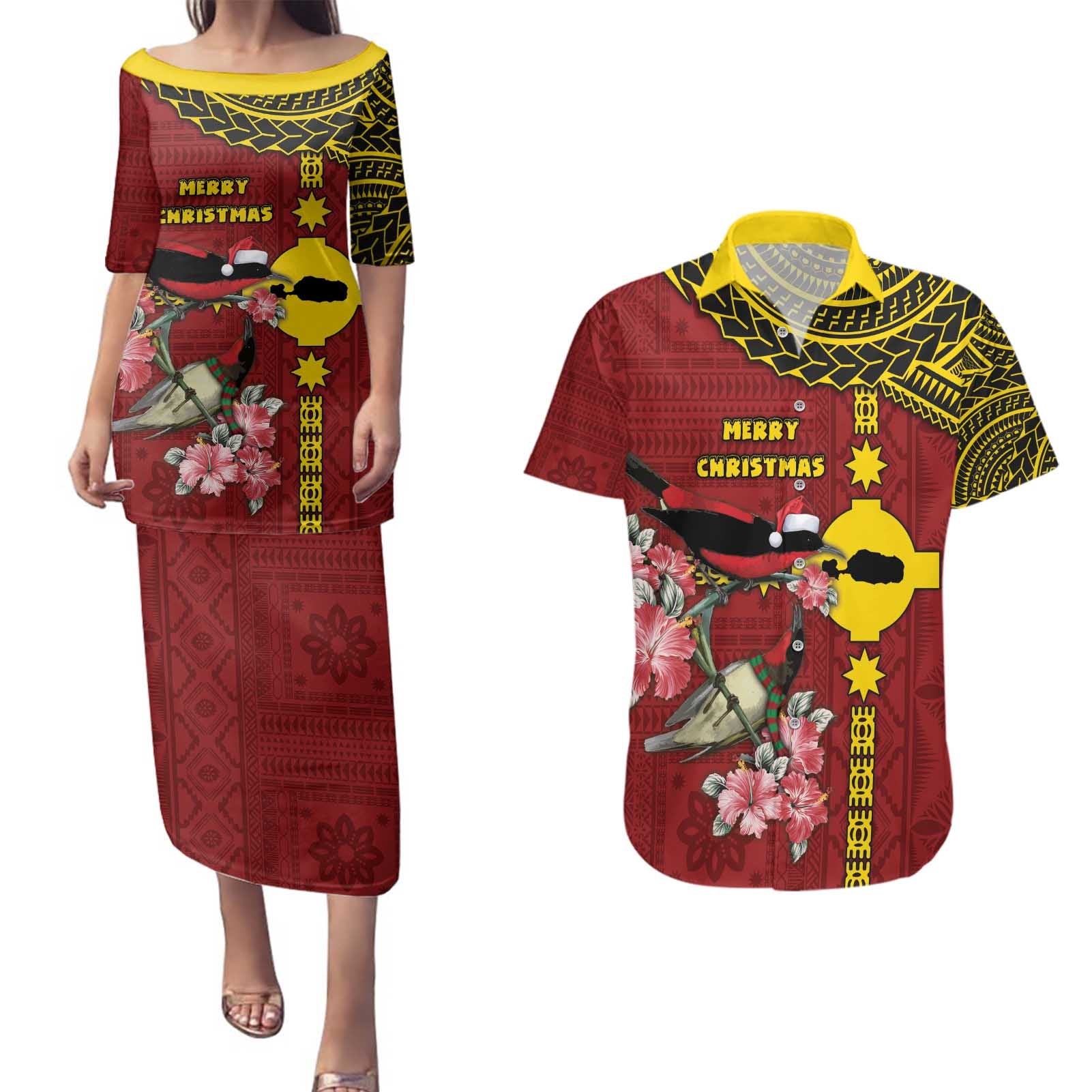 Rotuma Christmas Couples Matching Puletasi and Hawaiian Shirt Rotuma Myzomela Birds With Hibiscus Flowers - Polynesian Pride