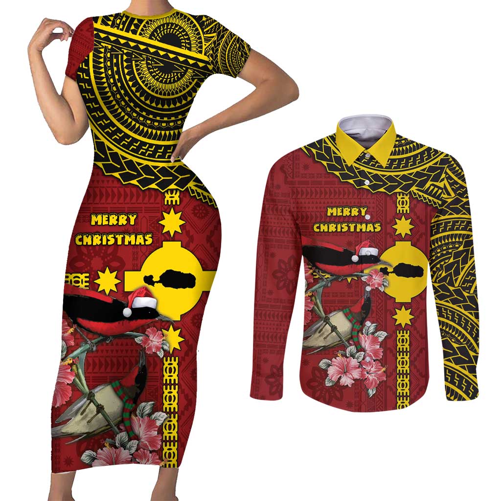 Rotuma Christmas Couples Matching Short Sleeve Bodycon Dress and Long Sleeve Button Shirt Rotuma Myzomela Birds With Hibiscus Flowers - Polynesian Pride