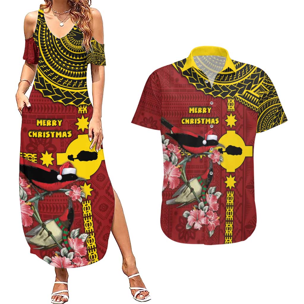 Rotuma Christmas Couples Matching Summer Maxi Dress and Hawaiian Shirt Rotuma Myzomela Birds With Hibiscus Flowers - Polynesian Pride
