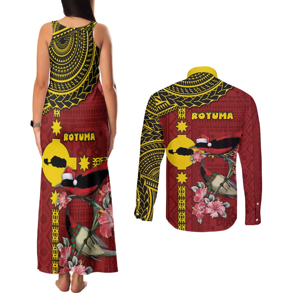 Rotuma Christmas Couples Matching Tank Maxi Dress and Long Sleeve Button Shirt Rotuma Myzomela Birds With Hibiscus Flowers DT05 - Polynesian Pride
