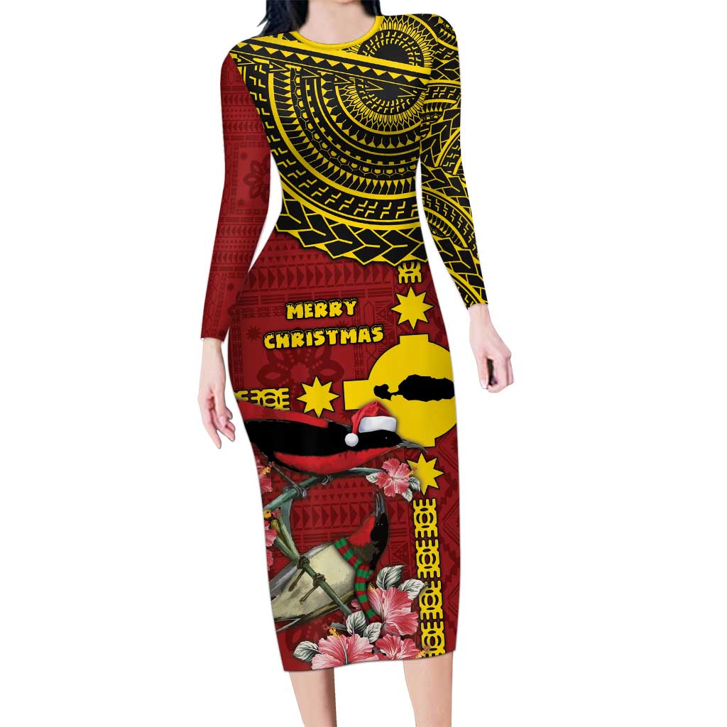 Rotuma Christmas Family Matching Long Sleeve Bodycon Dress and Hawaiian Shirt Rotuma Myzomela Birds With Hibiscus Flowers DT05 Mom's Dress Red - Polynesian Pride