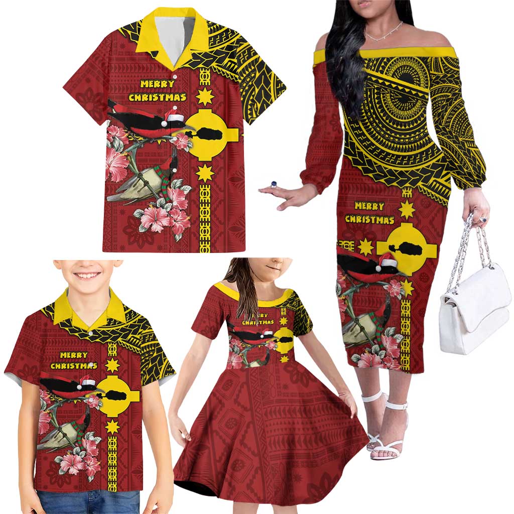 Rotuma Christmas Family Matching Off The Shoulder Long Sleeve Dress and Hawaiian Shirt Rotuma Myzomela Birds With Hibiscus Flowers DT05 - Polynesian Pride