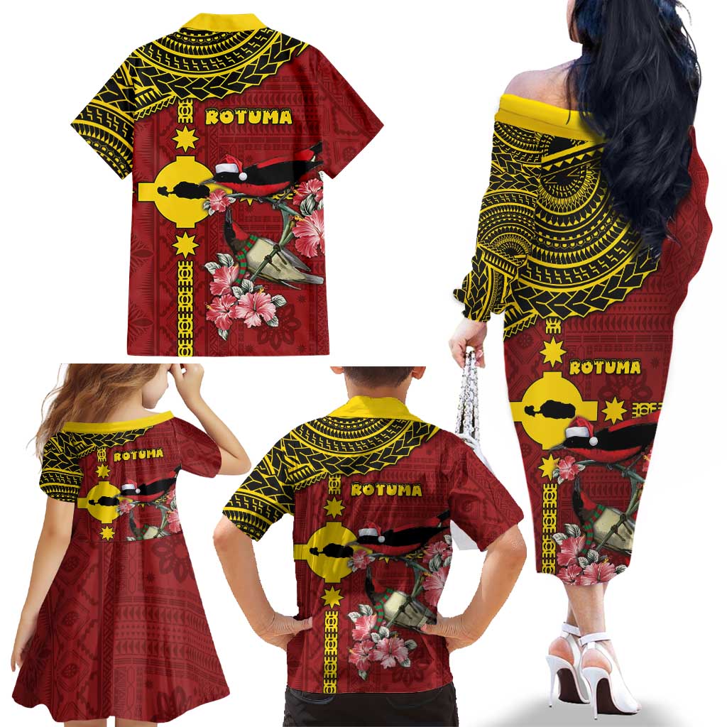 Rotuma Christmas Family Matching Off The Shoulder Long Sleeve Dress and Hawaiian Shirt Rotuma Myzomela Birds With Hibiscus Flowers DT05 - Polynesian Pride
