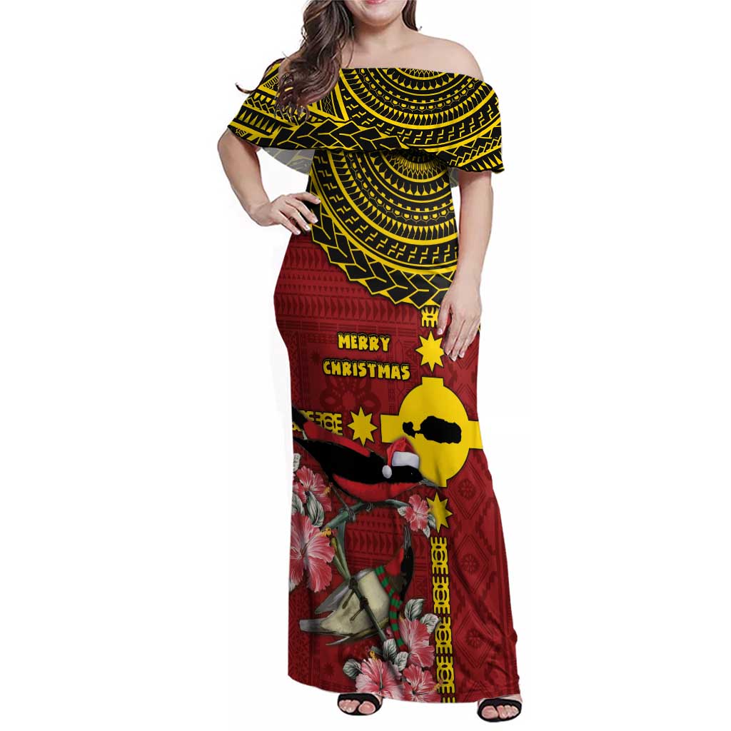 Rotuma Christmas Family Matching Off Shoulder Maxi Dress and Hawaiian Shirt Rotuma Myzomela Birds With Hibiscus Flowers DT05 Mom's Dress Red - Polynesian Pride