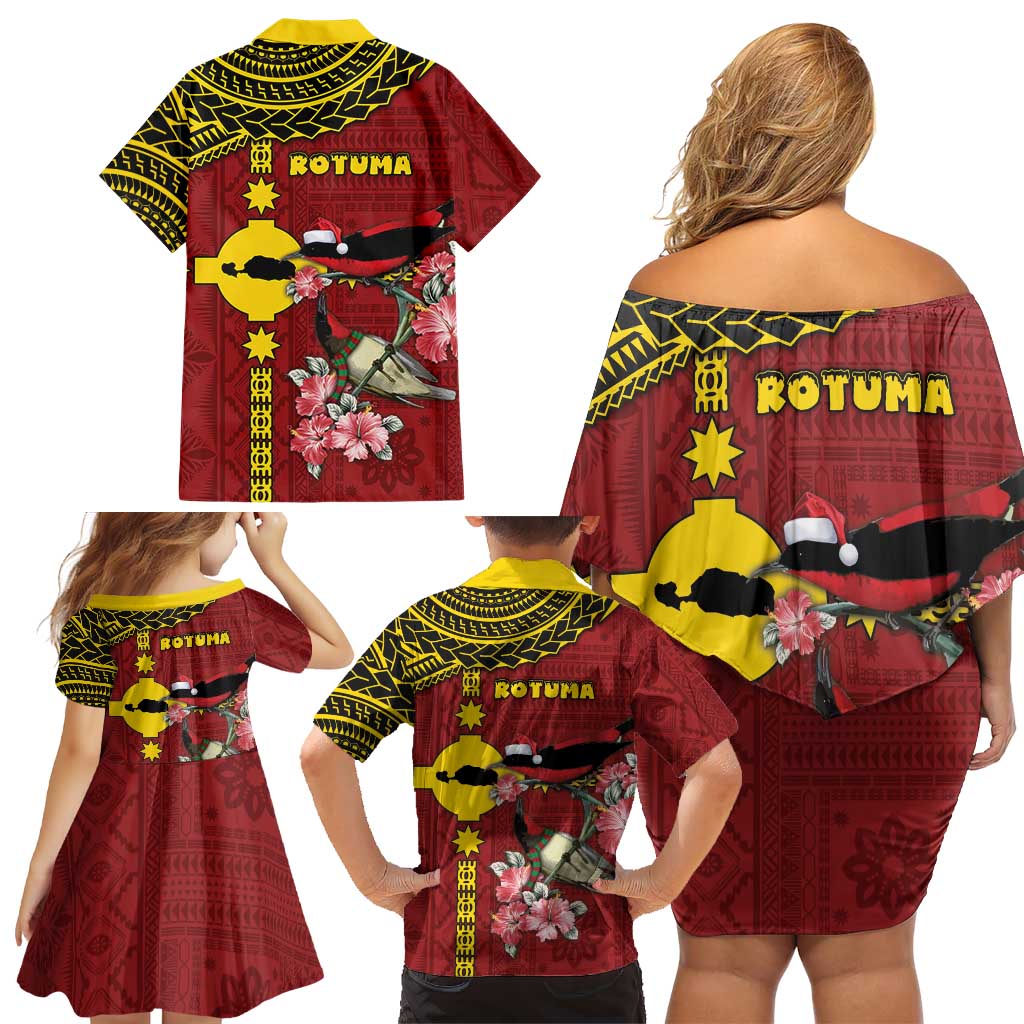 Rotuma Christmas Family Matching Off Shoulder Short Dress and Hawaiian Shirt Rotuma Myzomela Birds With Hibiscus Flowers DT05 - Polynesian Pride