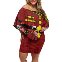 Rotuma Christmas Family Matching Off Shoulder Short Dress and Hawaiian Shirt Rotuma Myzomela Birds With Hibiscus Flowers DT05 Mom's Dress Red - Polynesian Pride