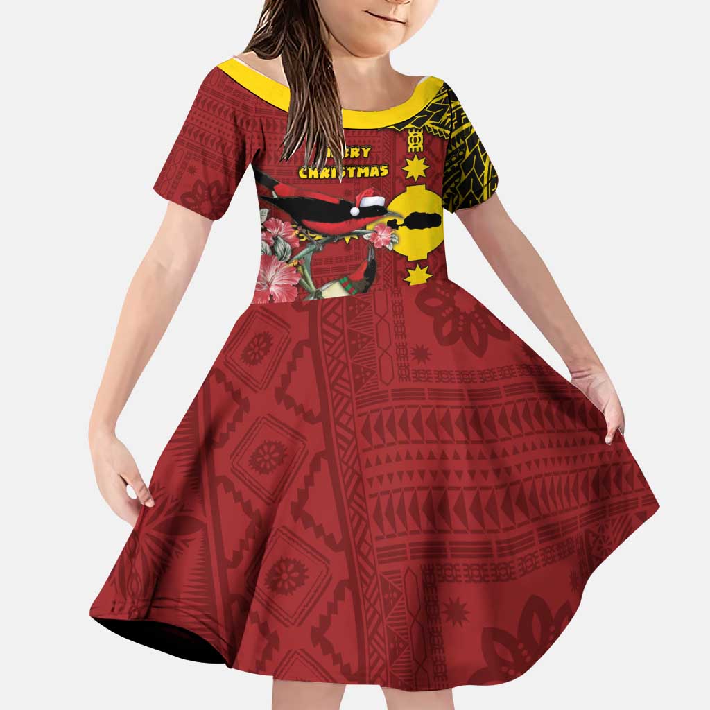 Rotuma Christmas Family Matching Short Sleeve Bodycon Dress and Hawaiian Shirt Rotuma Myzomela Birds With Hibiscus Flowers DT05 Daughter's Dress Red - Polynesian Pride