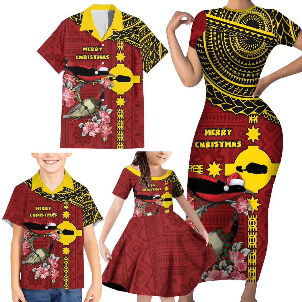 Rotuma Christmas Family Matching Short Sleeve Bodycon Dress and Hawaiian Shirt Rotuma Myzomela Birds With Hibiscus Flowers - Polynesian Pride
