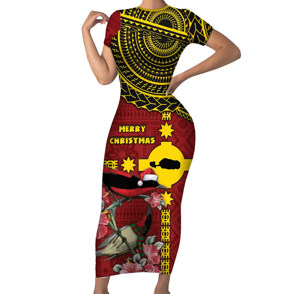 Rotuma Christmas Family Matching Short Sleeve Bodycon Dress and Hawaiian Shirt Rotuma Myzomela Birds With Hibiscus Flowers DT05 Mom's Dress Red - Polynesian Pride