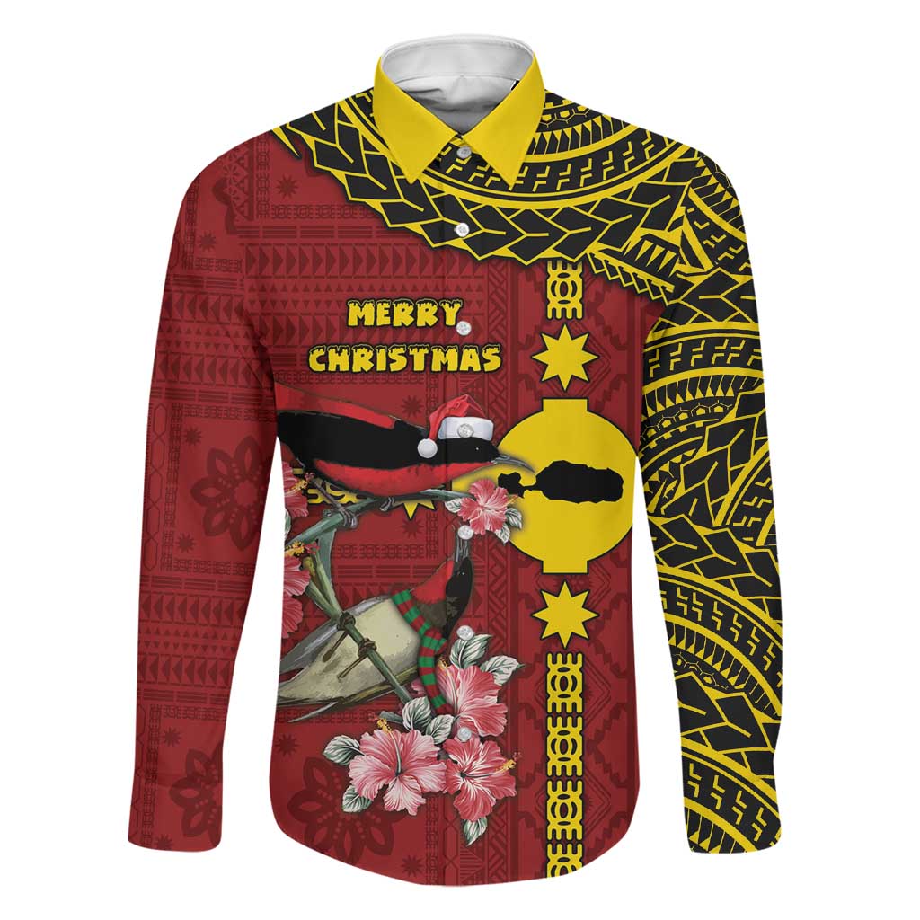 Rotuma Christmas Family Matching Summer Maxi Dress and Hawaiian Shirt Rotuma Myzomela Birds With Hibiscus Flowers DT05 Dad's Shirt - Long Sleeve Red - Polynesian Pride