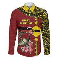 Rotuma Christmas Family Matching Summer Maxi Dress and Hawaiian Shirt Rotuma Myzomela Birds With Hibiscus Flowers DT05 Dad's Shirt - Long Sleeve Red - Polynesian Pride