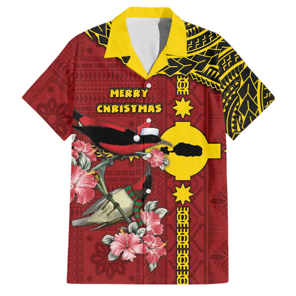 Rotuma Christmas Family Matching Tank Maxi Dress and Hawaiian Shirt Rotuma Myzomela Birds With Hibiscus Flowers DT05 Dad's Shirt - Short Sleeve Red - Polynesian Pride