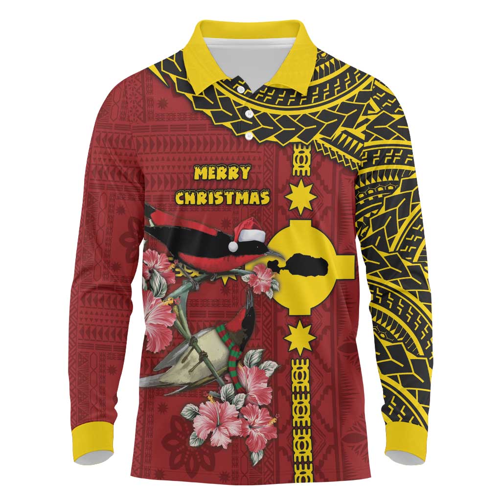 Rotuma Christmas Long Sleeve Polo Shirt Rotuma Myzomela Birds With Hibiscus Flowers - Polynesian Pride
