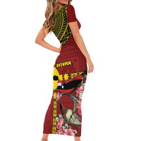 Rotuma Christmas Short Sleeve Bodycon Dress Rotuma Myzomela Birds With Hibiscus Flowers - Polynesian Pride