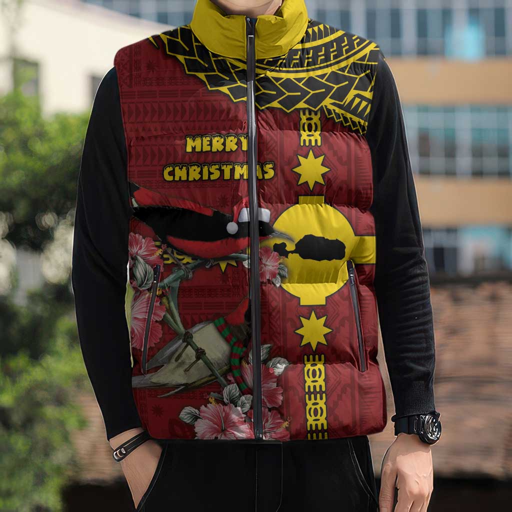 Rotuma Christmas Sleeveless Puffer Jacket Rotuma Myzomela Birds With Hibiscus Flowers - Polynesian Pride