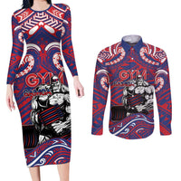 Personalised Samoa Gym Couples Matching Long Sleeve Bodycon Dress and Long Sleeve Button Shirt Muscle Samoan Tribal Waves - Polynesian Pride