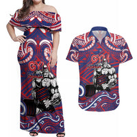 Personalised Samoa Gym Couples Matching Off Shoulder Maxi Dress and Hawaiian Shirt Muscle Samoan Tribal Waves DT05 Navy - Polynesian Pride