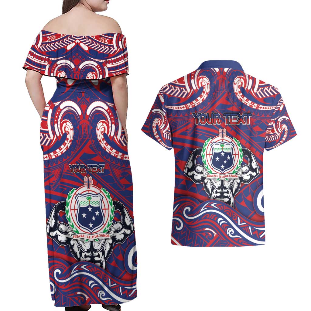 Personalised Samoa Gym Couples Matching Off Shoulder Maxi Dress and Hawaiian Shirt Muscle Samoan Tribal Waves DT05 - Polynesian Pride