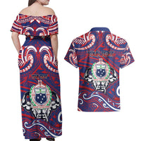 Personalised Samoa Gym Couples Matching Off Shoulder Maxi Dress and Hawaiian Shirt Muscle Samoan Tribal Waves DT05 - Polynesian Pride