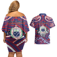 Personalised Samoa Gym Couples Matching Off Shoulder Short Dress and Hawaiian Shirt Muscle Samoan Tribal Waves - Polynesian Pride