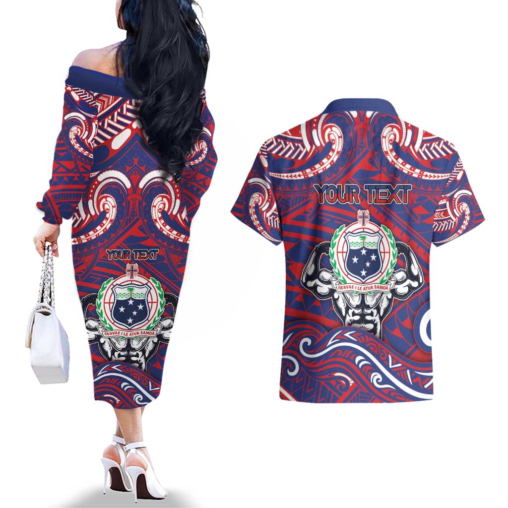 Personalised Samoa Gym Couples Matching Off The Shoulder Long Sleeve Dress and Hawaiian Shirt Muscle Samoan Tribal Waves DT05 - Polynesian Pride
