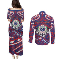Personalised Samoa Gym Couples Matching Puletasi and Long Sleeve Button Shirt Muscle Samoan Tribal Waves - Polynesian Pride