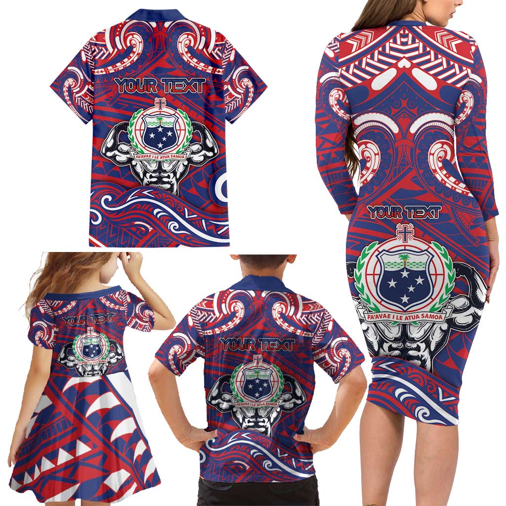 Personalised Samoa Gym Family Matching Long Sleeve Bodycon Dress and Hawaiian Shirt Muscle Samoan Tribal Waves DT05 - Polynesian Pride