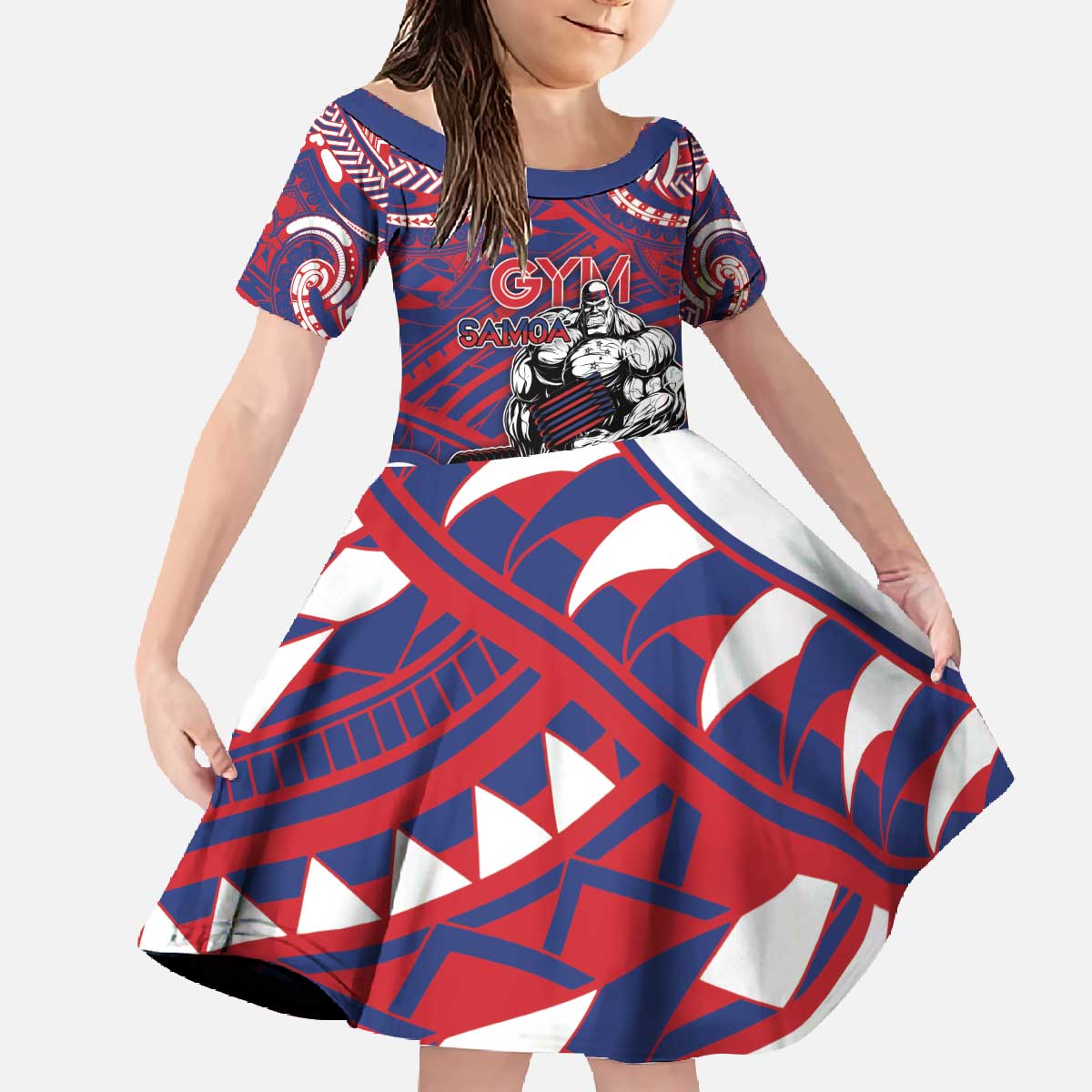 Personalised Samoa Gym Family Matching Off The Shoulder Long Sleeve Dress and Hawaiian Shirt Muscle Samoan Tribal Waves DT05 Daughter's Dress Navy - Polynesian Pride