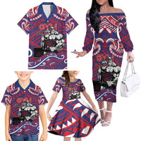 Personalised Samoa Gym Family Matching Off The Shoulder Long Sleeve Dress and Hawaiian Shirt Muscle Samoan Tribal Waves DT05 - Polynesian Pride