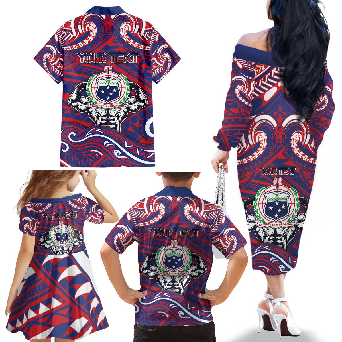 Personalised Samoa Gym Family Matching Off The Shoulder Long Sleeve Dress and Hawaiian Shirt Muscle Samoan Tribal Waves DT05 - Polynesian Pride