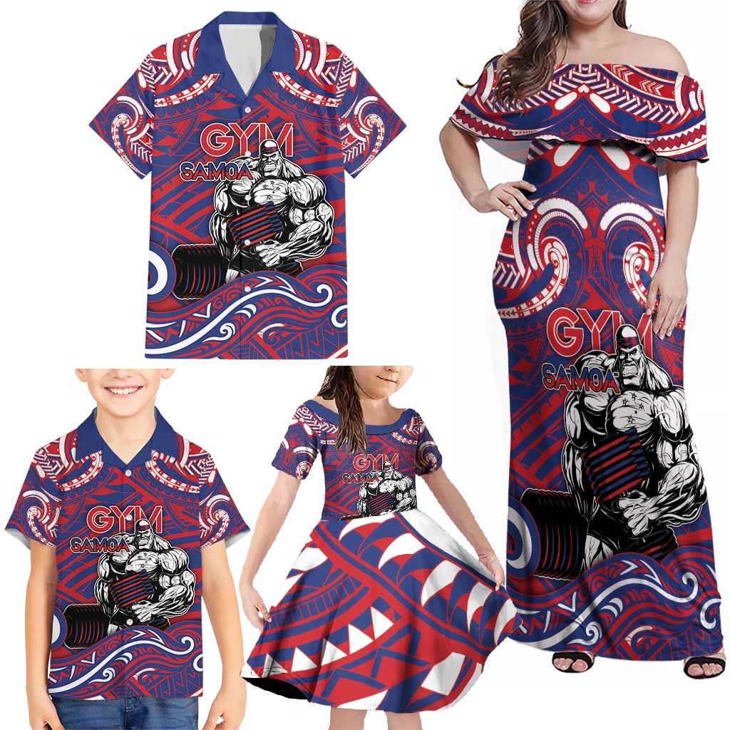 Personalised Samoa Gym Family Matching Off Shoulder Maxi Dress and Hawaiian Shirt Muscle Samoan Tribal Waves DT05 - Polynesian Pride