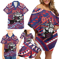 Personalised Samoa Gym Family Matching Off Shoulder Short Dress and Hawaiian Shirt Muscle Samoan Tribal Waves DT05 - Polynesian Pride