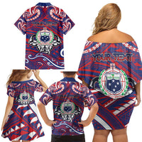 Personalised Samoa Gym Family Matching Off Shoulder Short Dress and Hawaiian Shirt Muscle Samoan Tribal Waves DT05 - Polynesian Pride
