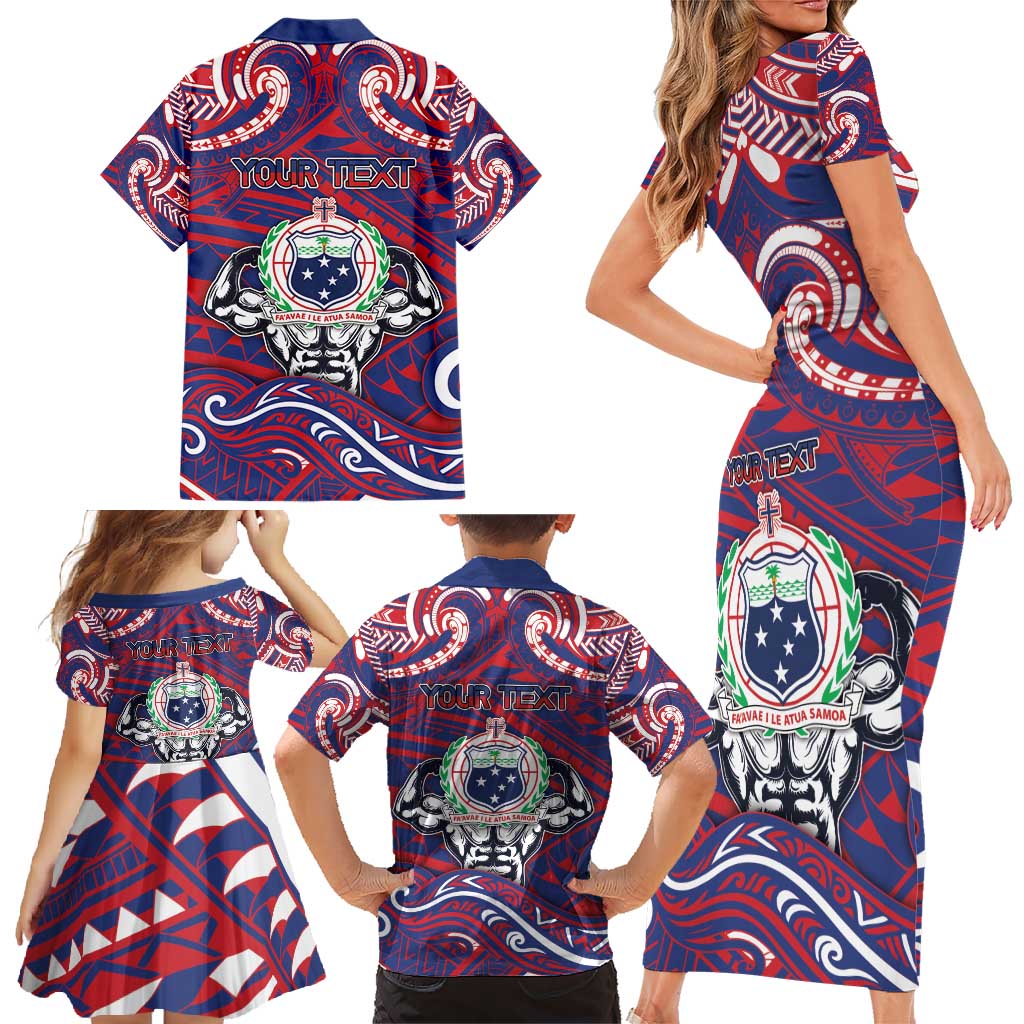 Personalised Samoa Gym Family Matching Short Sleeve Bodycon Dress and Hawaiian Shirt Muscle Samoan Tribal Waves DT05 - Polynesian Pride